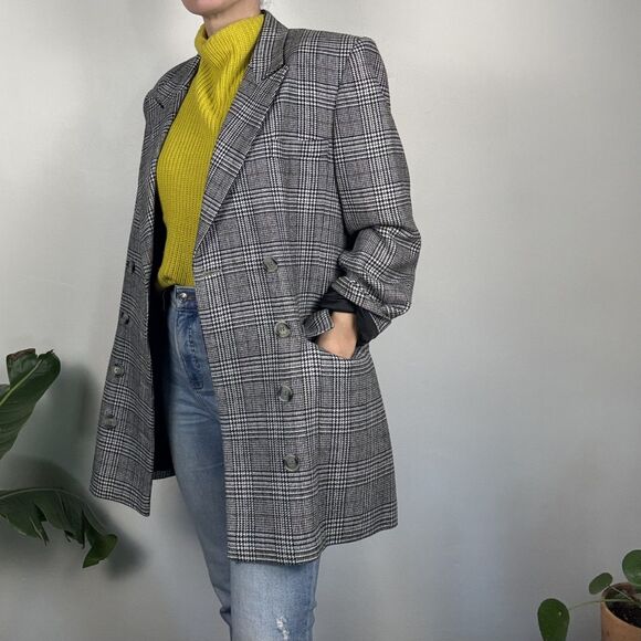 Vintage 80s 90s Houndstooth Plaid Double Breasted Blazer, Black Check Jacket - Picture 12 of 12